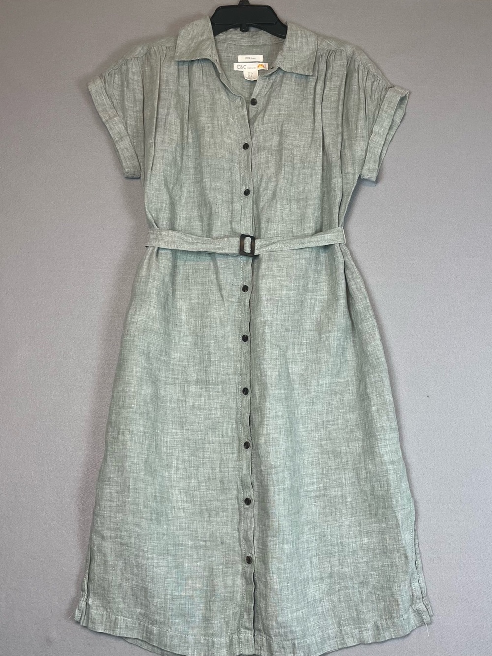 C&C California Linen Shirt Dress Small Sage Green Button Front Belted Midi